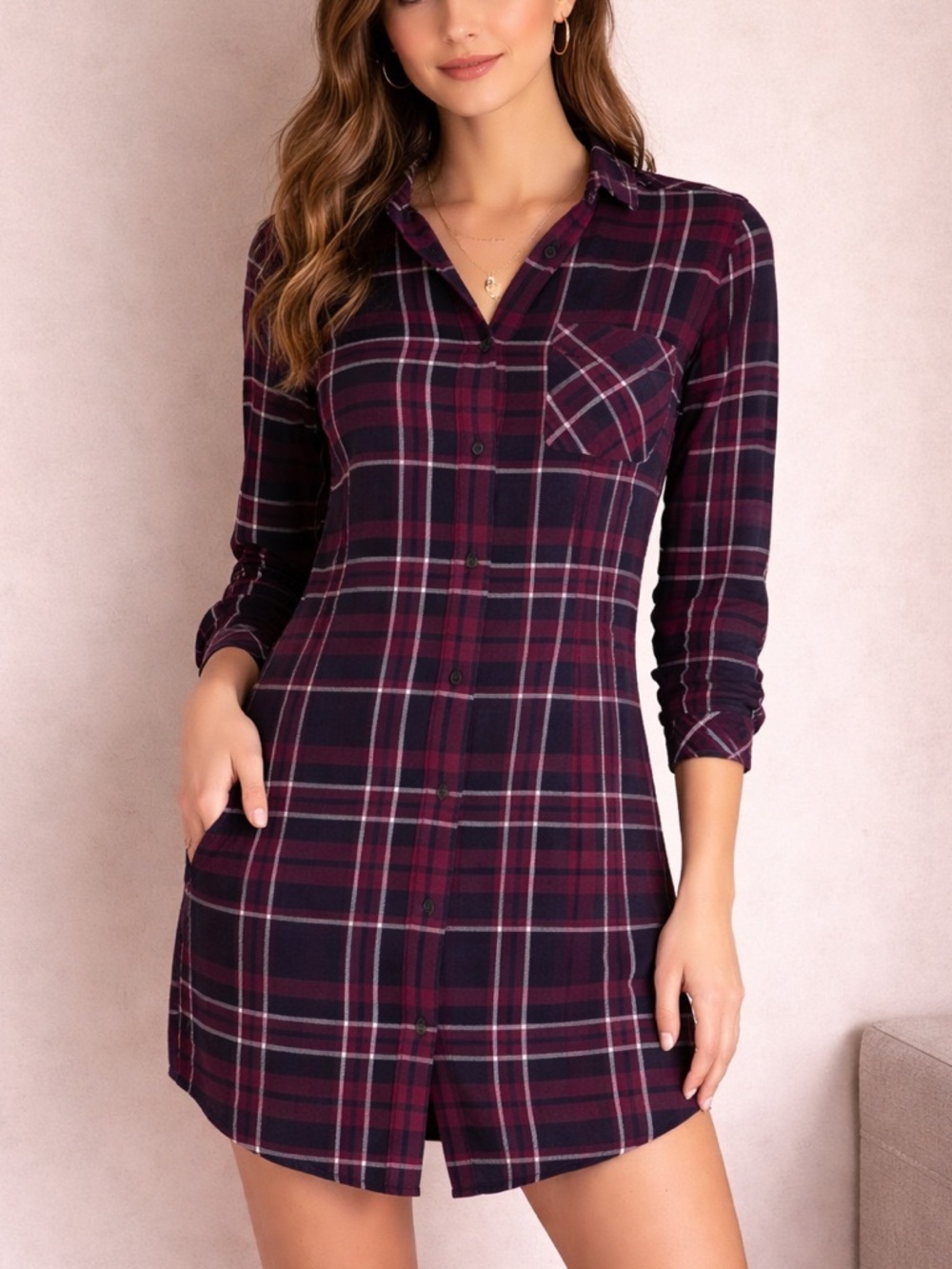 ICONE Purple Plaid Long Sleeve Button Up Dress